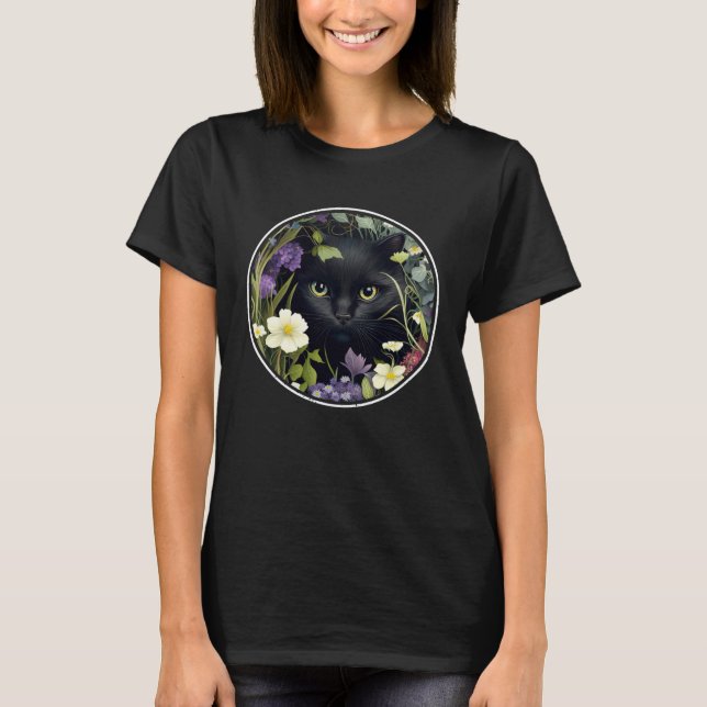 Camiseta Cute Black Cat Hiding in Spring Flowers Aesthetic  (Anverso)