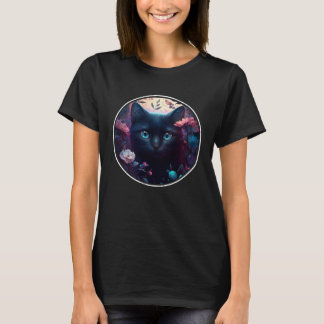 Camiseta Cute Black Cat Hiding in Spring Flowers Aesthetic 