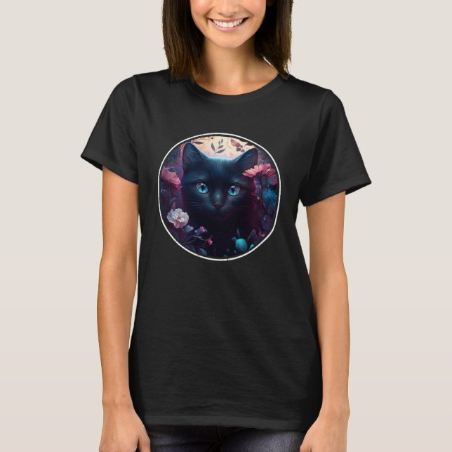 Camiseta Cute Black Cat Hiding in Spring Flowers Aesthetic  (Anverso)