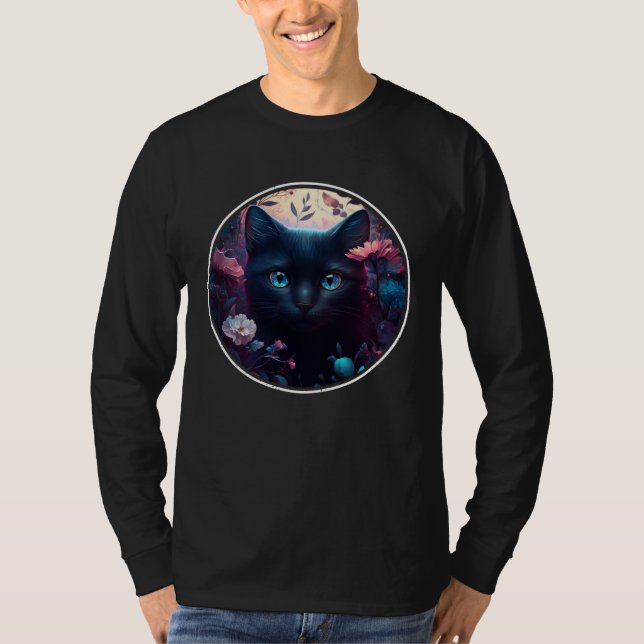 Camiseta Cute Black Cat Hiding in Spring Flowers Aesthetic  (Anverso)