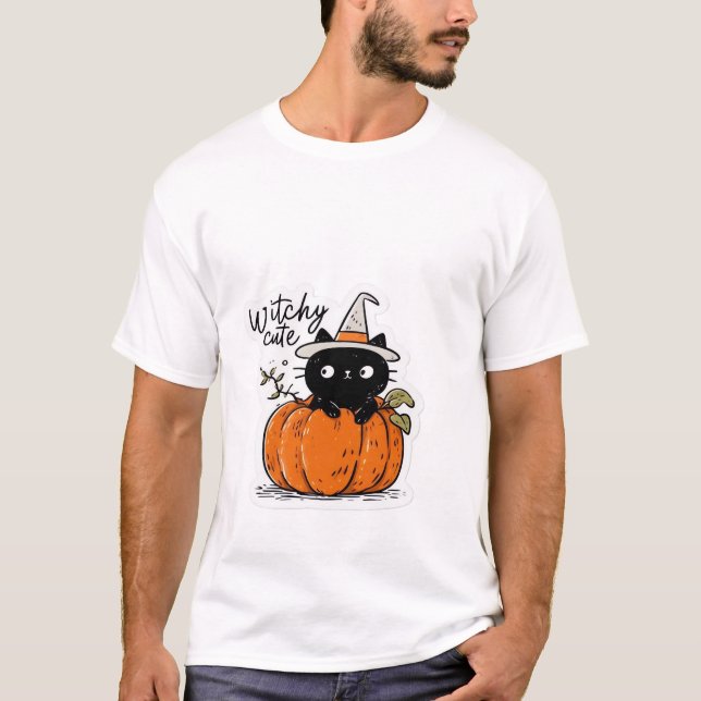 Camiseta Cute black cat in pumpkin with witch hat Classic T (Anverso)