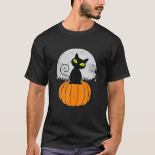 Camiseta Cute Black Cat On Pumpkin Full Moon  Halloween