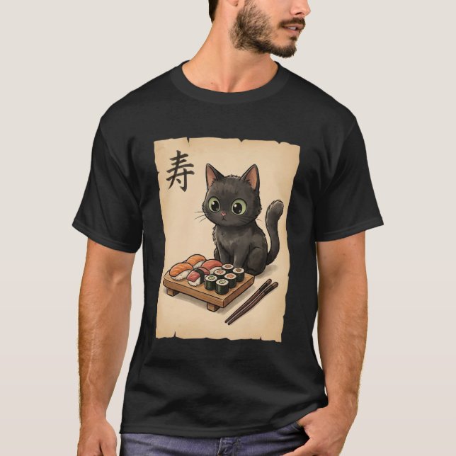 Camiseta Cute Black Cat Sushi Cartoon Japanese Kawaii Anime (Anverso)