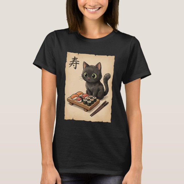 Camiseta Cute Black Cat Sushi Cartoon Japanese Kawaii Anime (Anverso)