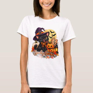 Camiseta Cute Black Cat Witch Spooky Season Halloween T-Shi