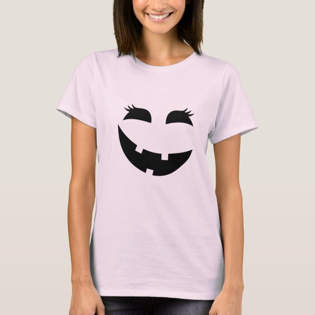 Camiseta Cute Black Halloween Jack-O-Lantern con pestañas (Anverso)