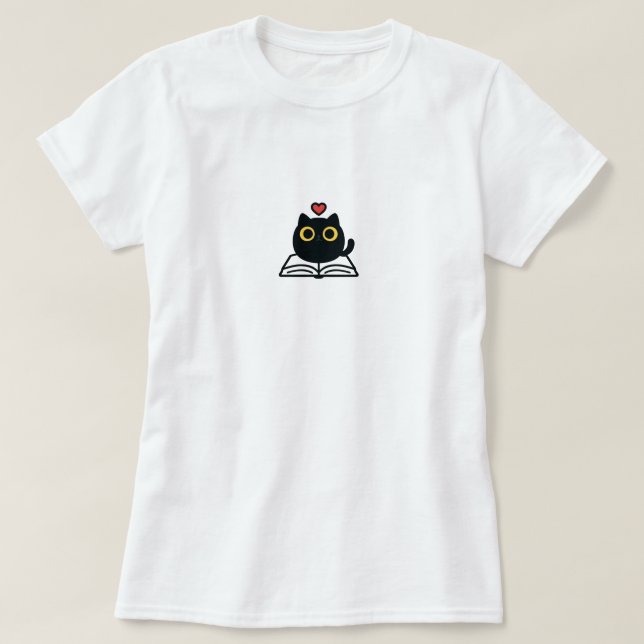 Camiseta Cute Black Kawaii Cat Reading Book Cartoon (Diseño del anverso)