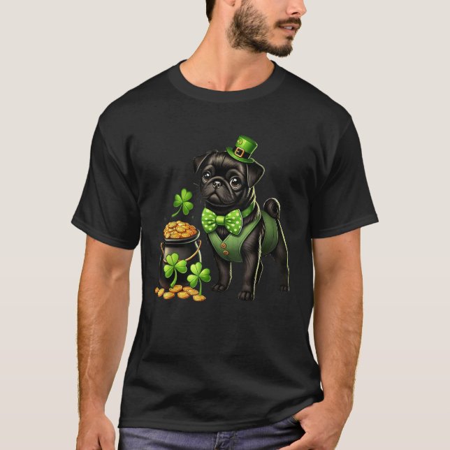 Camiseta Cute Black Pug Leprechaun St Patricks Day Shamrock (Anverso)