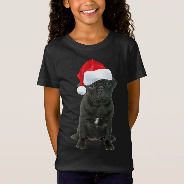 Camiseta Cute Black Pug Santa Hat graciosos Navidades coinc (Anverso)