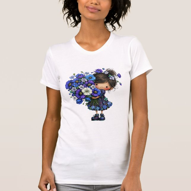 Camiseta Cute Blue Floral Girl Bouquet Art Design (Anverso)