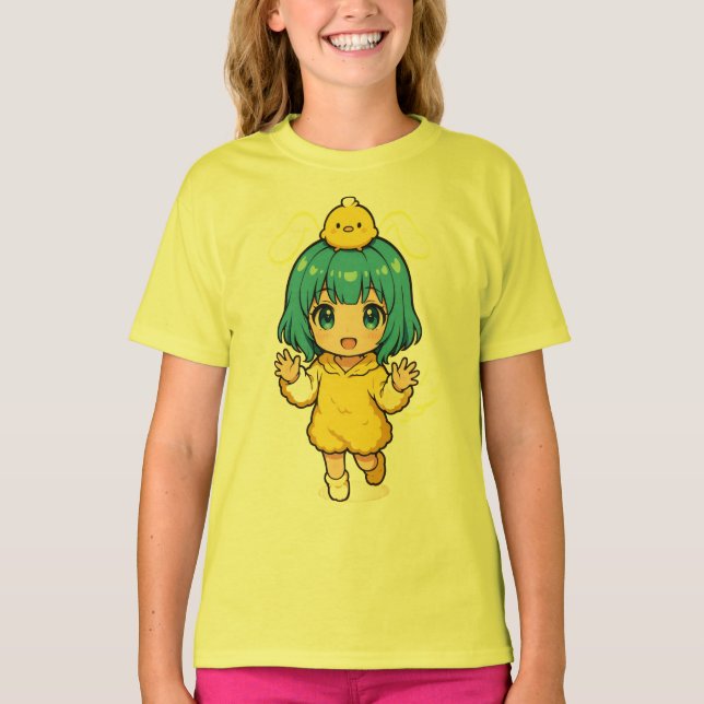 Camiseta Cute Blue-Haired Chibi Girl in Chick T-Shirt (Anverso)