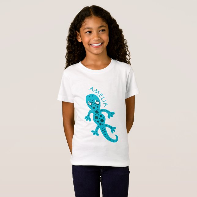 Camiseta Cute Blue Lizard Gecko Kids Nombre T-Shirt (Anverso completo)