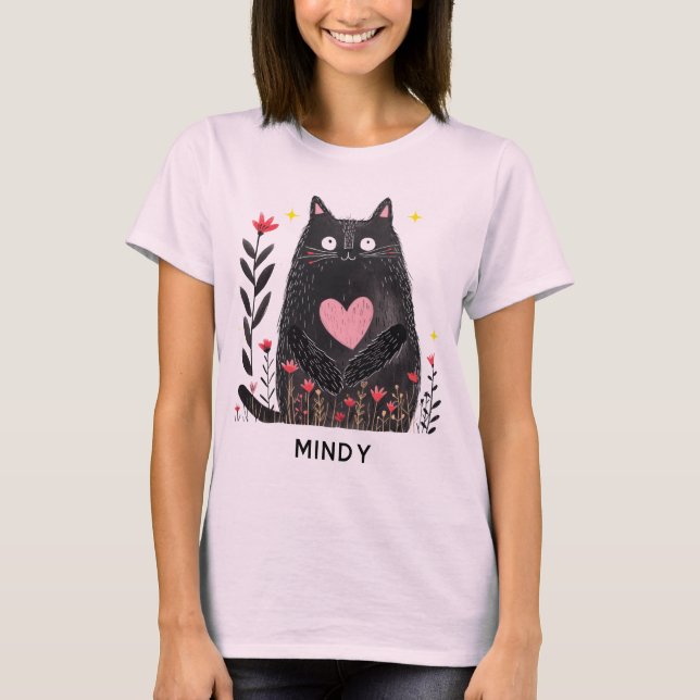 Camiseta Cute Boho Floral acuarela Negro gato personalizado (Anverso)