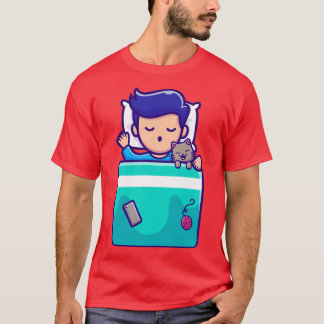 Camiseta Cute Boy Sleeping With Cat Cartoon