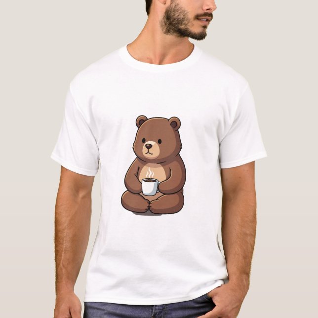 Camiseta Cute Brown Bear Sitting with a Steaming Coffee Mug (Anverso)