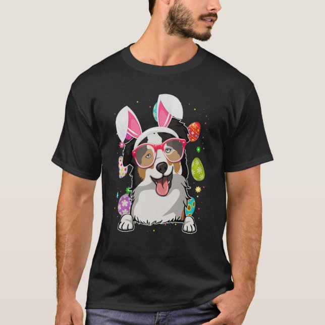 Camiseta Cute Bunny Australian Shepherd Dog Face Easter Egg (Anverso)