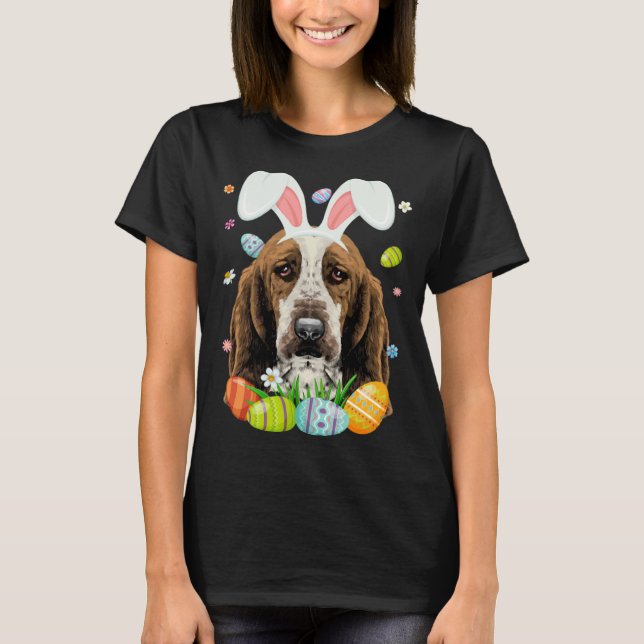 Camiseta Cute Bunny Basset Hound Dog Head Easter Egg Happy  (Anverso)