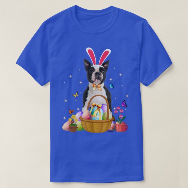 Camiseta Cute Bunny Boston Terrier Dog Easter Eggs Basket E (Diseño del anverso)