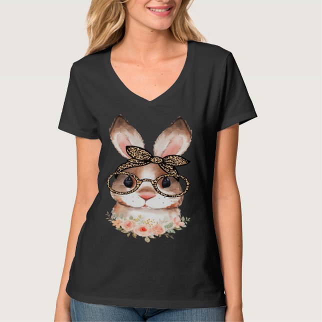 Camiseta Cute Bunny Face Floral  Leopard Print Glasses EAST (Anverso)