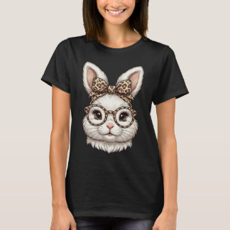 Camiseta Cute Bunny Face Glasses Leopard Bow Happy Easter