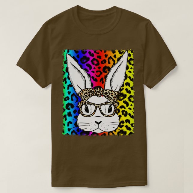 Camiseta Cute Bunny Face Glasses Rainbow Leopardo blanquead (Diseño del anverso)