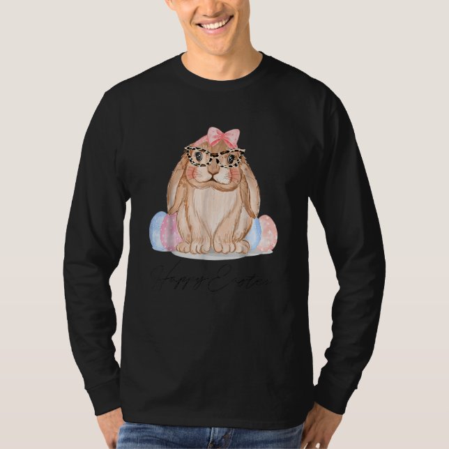 Camiseta Cute Bunny Face Leopardo Glasses Headband Happy Ea (Anverso)