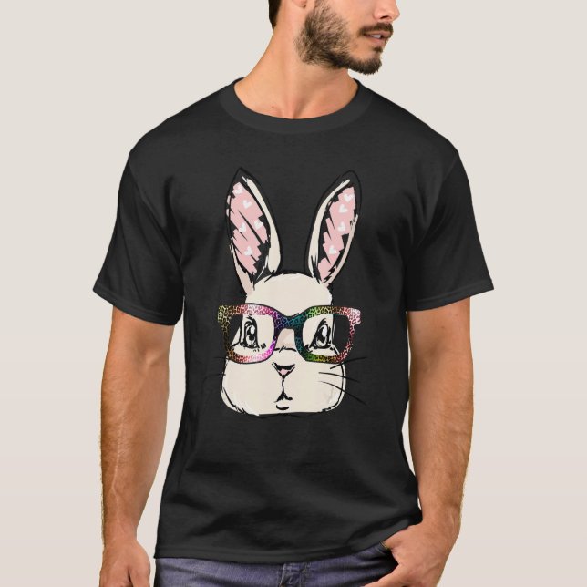 Camiseta Cute Bunny Face Leopardo Glasses Headband Happy Ea (Anverso)