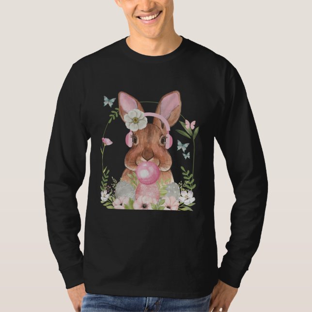 Camiseta Cute Bunny Face With Bubblegum And Headphones East (Anverso)