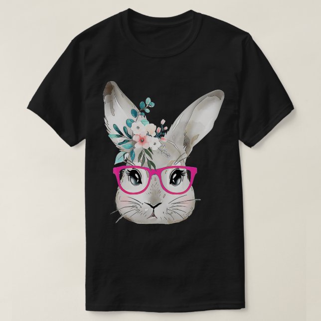 Camiseta Cute Bunny Face With Floral Pink Glasses, Easter R (Diseño del anverso)