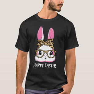 Camiseta Cute Bunny Leopard Messy Bun Glasses Headband Happ