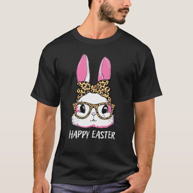 Camiseta Cute Bunny Leopard Messy Bun Glasses Headband Happ (Anverso)