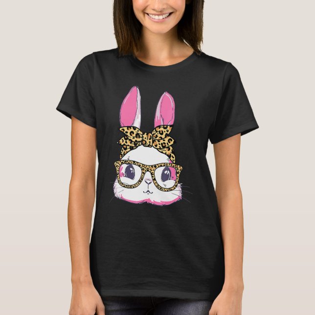 Camiseta Cute Bunny Leopard Messy Bun Glasses Headband Happ (Anverso)