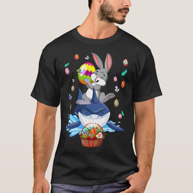 Camiseta Cute Bunny Ride Shark & Easter Eggs Easter Day Kid (Anverso)