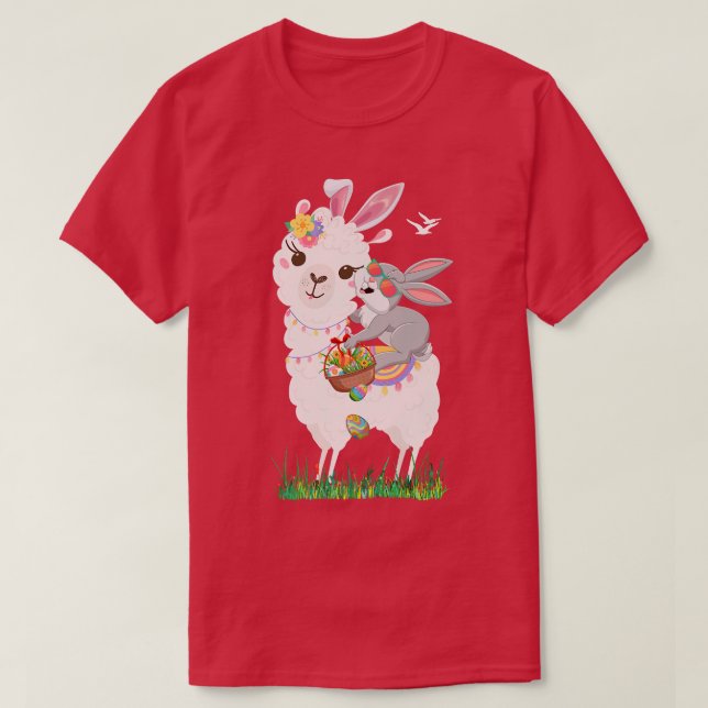 Camiseta Cute Bunny Riding Llama Holding Egg Basket Happy E (Diseño del anverso)