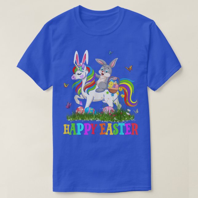 Camiseta Cute Bunny Riding Unicorn Easter Egg Cute Rabbit E (Diseño del anverso)