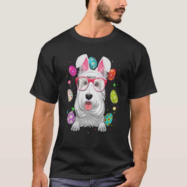 Camiseta Cute Bunny Scottish Terrier Dog Face Easter Eggs E (Anverso)