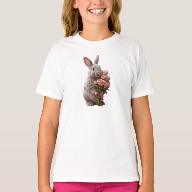 Camiseta  “Cute Bunny with Pink Roses” Adorable Art Design (Anverso)