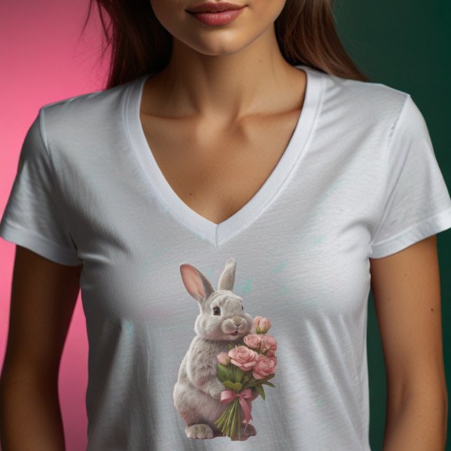 Camiseta  “Cute Bunny with Pink Roses” Adorable Art Design (Subido por el creador)