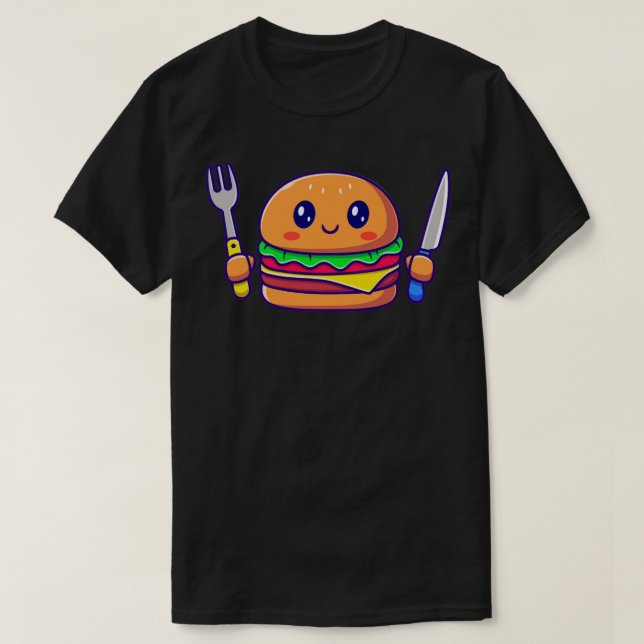Camiseta Cute Burger Holding Cuchillo Y Fork (Diseño del anverso)