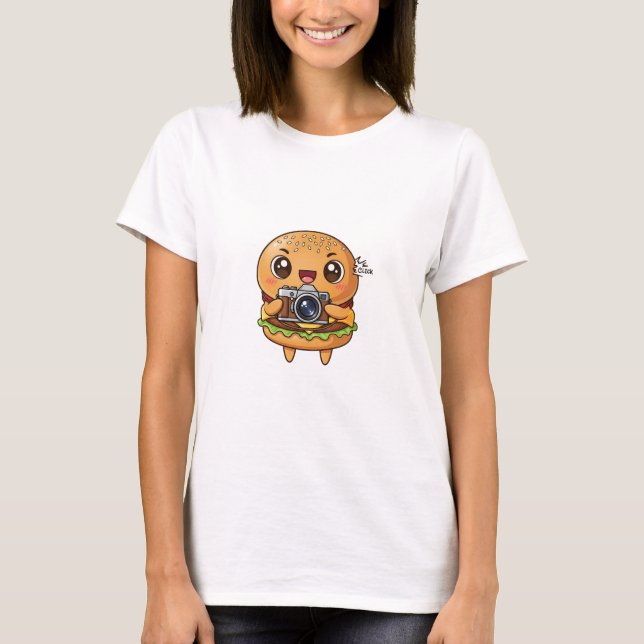Camiseta Cute Burger Photographer Cartoon with Retro Camera (Anverso)