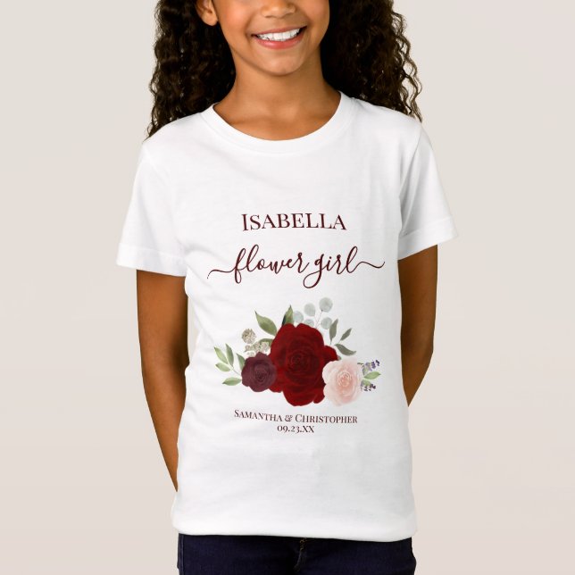Camiseta Cute Burgundy & Red Roses Flower Girl Gift Wedding (Anverso)