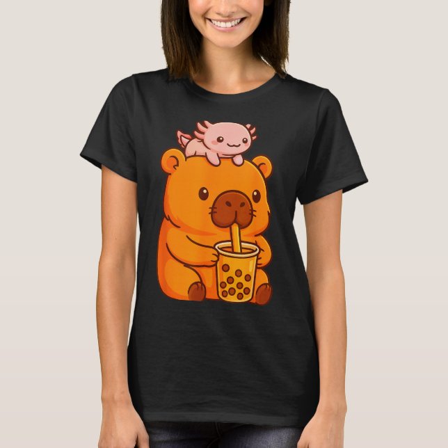 Camiseta Cute Capybara Drinking Bubble Tea And Axolotl Kawa (Anverso)