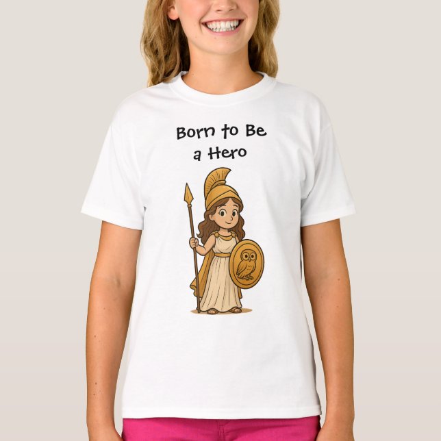 Camiseta Cute Cartoon Athena Goddess – Born to Be a Hero (Anverso)