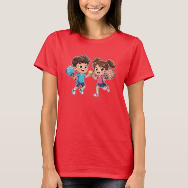Camiseta Cute Cartoon Boy and Girl Playing Padel Tennis – F (Anverso)