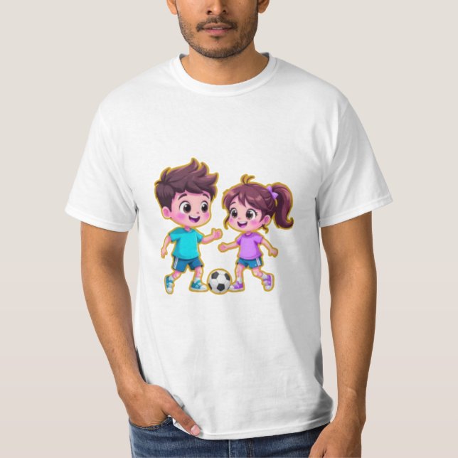 Camiseta Cute Cartoon Boy and Girl Playing Soccer Together  (Anverso)