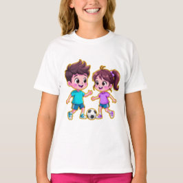Camiseta Cute Cartoon Boy and Girl Playing Soccer Together 