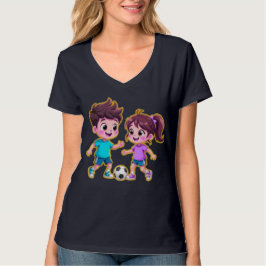 Camiseta Cute Cartoon Boy and Girl Playing Soccer Together 