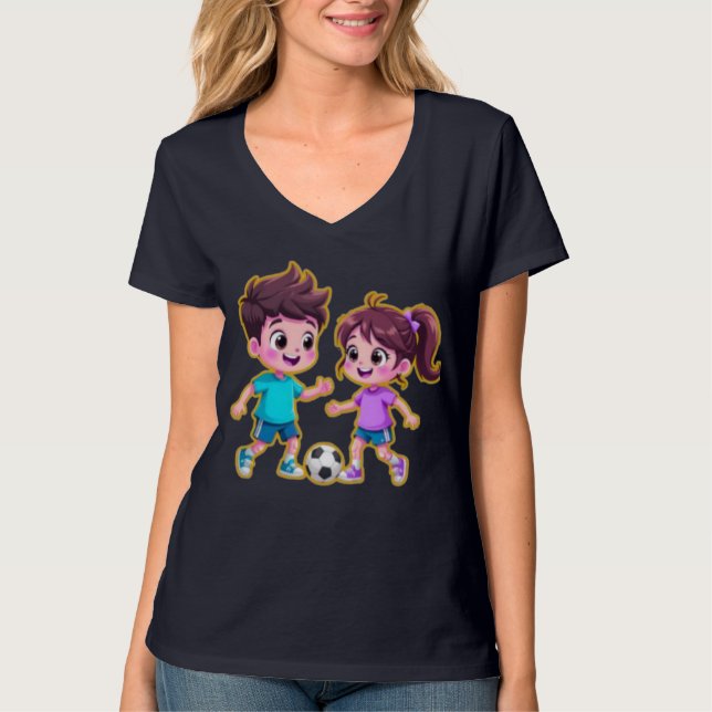 Camiseta Cute Cartoon Boy and Girl Playing Soccer Together  (Anverso)