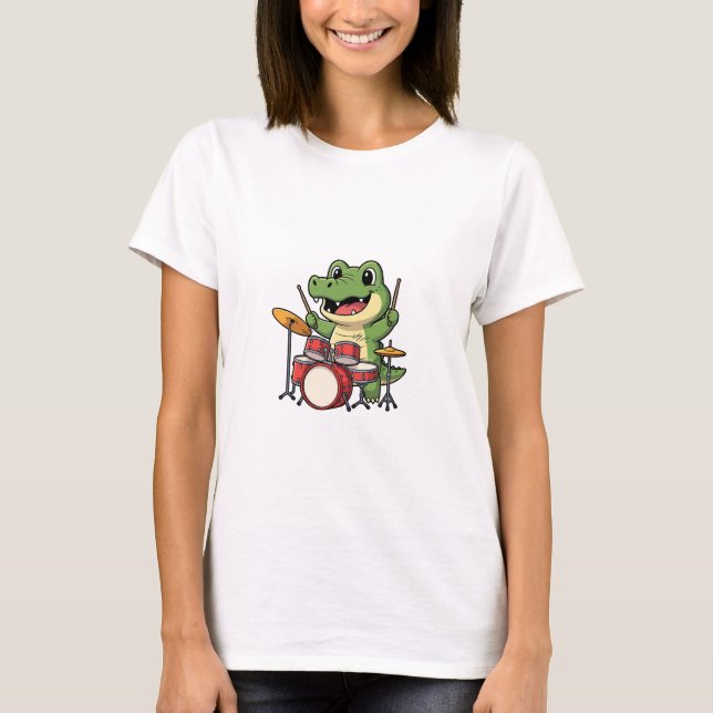 Camiseta Cute Cartoon Crocodile Drummer Mascot (Anverso)