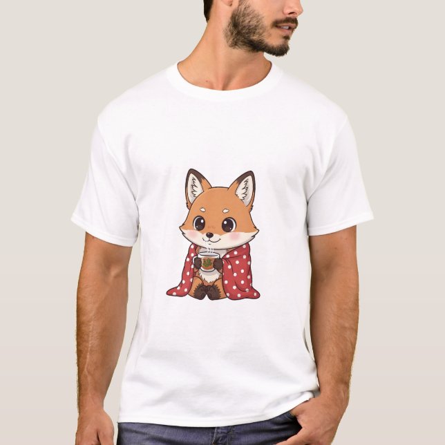 Camiseta Cute Cartoon Fox Wrapped in Red Polka Dot Blanket  (Anverso)